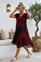 Black-Red V-Neck Short Sleeve Patterned Casual Viscose Woven Dress 113 64 - 5