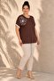 Women's Plus Size Coffee Shoulder Stone Flower Printed Sleeve White Stripe Side Slit Stretchy Viscose Short Sleeve Blouse - 6