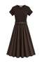 1033 Women's Stretchy Body Woven Skirt Belt Detailed Short Sleeve Maxi Dress Brown - 2