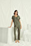 Dantelli Çeyizlik Women's Khaki Viscose 2-Piece Pajama Set - V-Neck Short Sleeve Stylish Plus Size Homewear Set - 4