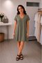 100% Cotton V-Neck Comfortable Cut Dress with Pockets - Khaki
