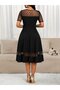 Women's Short Sleeve Crew Neck Polka Dot Tulle Detailed Midi Janjan Crepe Dress - 4