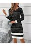 Women's Long Sleeve Round Neck Hem Tip Stripe Detail Short Woven Dress - 5