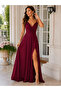 Davet Elegance-Women's Strappy Double-Breasted Collar Waist-Fitted Long Crepe Evening Dress - 4