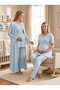 New Season Blue Double-Breasted Collar Design with Breastfeeding Feature Short Sleeve 100% Cotton Long Robe Pajama Set 3-Piece Set