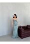 Mint Stone Strap Draped Glittering Slit Evening Dress - 4