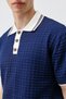 Navy Blue Cotton Textured Polo Collar Knitwear - 5