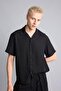 Boxy Fit Apaş Collar Flowy Fabric Short Sleeve Black Shirt I2094Ax26Sm - 3