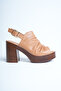 Women's Genuine Leather Platform Heeled Sandals - Tan - 3