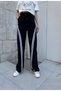 Women's Black and White Striped Wide Leg Sweatpants with Elastic Waist and Laces