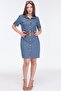 Women's Blue Denim Pocket Detailed Belted Midi Dress - 2