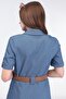 Women's Blue Denim Pocket Detailed Belted Midi Dress - 7