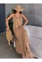 Women's Strappy V-Neck Viscose Maxi Dress with Ring Detail and Asymmetrical Cut - 2