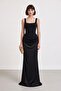 Women's Black Square Neck Strap Long Mermaid Evening Dress