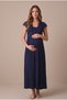 Women's Navy Blue Lace Ruffled Sleeves Special Design New Season Maternity Dressing Gown Nightgown Set - 2