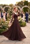 Women's Brown Square Neck Long Sleeve Sequined Long Evening Dress - 5