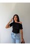 Women's Black One-Shoulder Boat Neck Gathered Side Oysho Blouse Frv0215 - 7