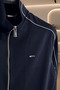 Navy Blue Stand Collar Tracksuit Set with Stripe Detail, Lined Inside, Standard Fit, Zipper Pockets, Cotton Steel Interlock Fabric, Men's - 4