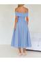 Baby Blue Galadriel Madonna Collar Double Fabric Flared Midi Dress Tns-9003 - 5