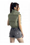 Women's Khaki Stand-Up Collar Double Pocket Crop Vest - 3