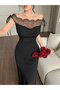 Women's Long Imported Crepe Dress with Lace Detail on the Chest and Neck, Boat Neck Look