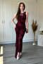 Silvery Floral Embroidered Transparent Detailed Maxi Tulle Dress with Belt on the Front