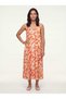 Women's Summer Midi Dress V-Neck Sleeveless Crepe Floral Pattern Coral