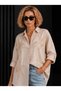 Beige Bead Embroidered Oversize Loose Cotton Viscose Shirt - 3