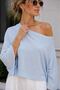 Women's Baby Blue Boat Neck Ribbed Textured Loose Off-Shoulder Short Sleeve Blouse - 2