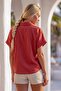 Brick Red Shirt Collar Short Sleeve Buttoned Embroidered Hem Tie-Up Cotton Crop Woven Blouse 55 63 - 7