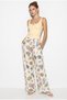 Women's Cream Green Ocean Breeze Pattern Studded Scarf Accessory Elastic Waist Linen Trousers 5067 60286440 - 4