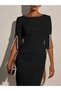 Women's Short Slit Sleeves Pearl Detailed Round Neck Midi Imported Crepe Dress - 3