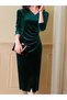 Women's Long Sleeve Double-Breasted Collared Side Gathered Front Cross Detailed Midi Velvet Dress - 2