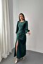 Women's Emerald Satin Dress Long Sleeve Side Gathered Slit Maxi Event Dress