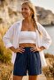 Navy Blue Washed Elastic and Tie-Waist Casual Muslin Woven Shorts 50 58 - 5