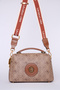 Monogram Printed Double Pocket Double Strap Stylish Logo Detailed Women's Hand and Shoulder Bag Camel