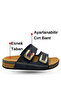 Women's Slippers - Comfortable Thick Sole Leather Ethnic Pattern Women's Slippers with Velcro Straps Navy Blue - 8