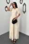 Women's Beige Embroidered Balloon Sleeve Gathered Lined Long Cotton Dress - 2