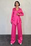 Women's Pink Top and Bottom Set Jacquard Ribbed Tie-Up Shirt Collar Wide-Leg Pants Set