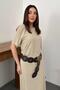 Women's Beige Crew Neck Short Sleeve Pleated Long A-Line Cotton Dress - 3