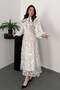 Women's Black Scarf Collar Floral Patterned Balloon Sleeve Lined Midi Dress - 2