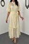 Women's Yellow Transparent Lined Belted Buttoned Balloon Sleeve Maxi Dress - 4
