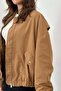 Women's Camel Bomber Jacket with Zipper Flap Pockets, Paneled Ribbed Long Sleeves, Regular Length - 4