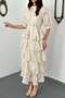 Women's Beige Layered Ruffled Belted Buttoned Embroidered Long Dress - 5