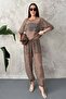Women's Brown Top and Bottom Set Sequined Double Set Crew Neck Three-Quarter Sleeves Lace-Up Hem