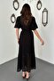 Women's Black Transparent Lined Belted Buttoned Balloon Sleeve Maxi Dress - 5