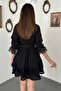 Women's Black Mini Shirt Collar Buttoned Belted Lace Detailed Flared Dress - 5
