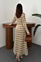 Women's Yellow Plaid Pattern Shirt Collar Buttoned Long Sleeve Pleated Maxi Dress - 5