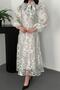 Women's Black Scarf Collar Floral Patterned Balloon Sleeve Lined Midi Dress - 4