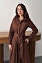 Women's Brown Shirt Dress Long Sleeve Belted Buttoned Pocketed Poplin Maxi - 3